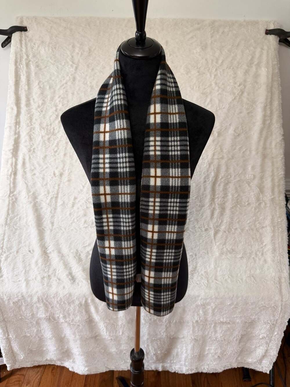 Just Be Plaid Fleece Knit Scarf Black Brown White Winter Soft Warm Wrap⁠
